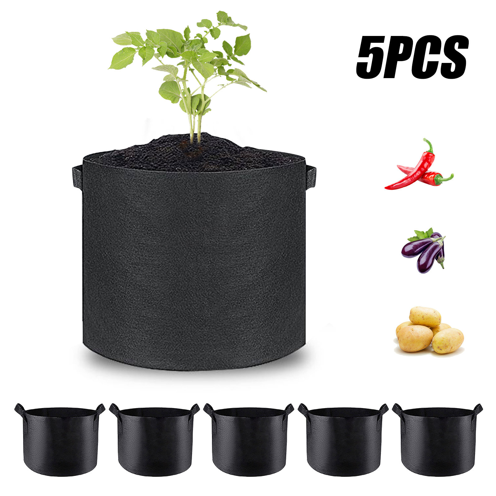 5 Gallon Grow Bags 5-Pack Black Thickened Nonwoven Fabric Pots with  Handles, Multi-Purpose Rings