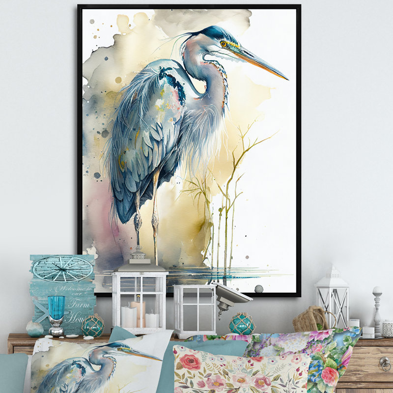 Héron au bord de l'eau, aquarelle III - héron, art mural, H 20 po x l 12 po x P 1 po, Toile avec cadre flottant noir