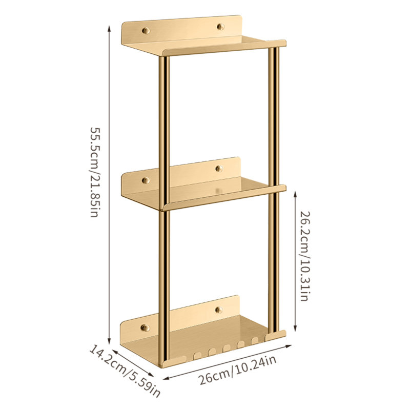 Three Tier Utility Shelf Wall Mounted Suitable For Bathroom Kitchen Shelf, Gold