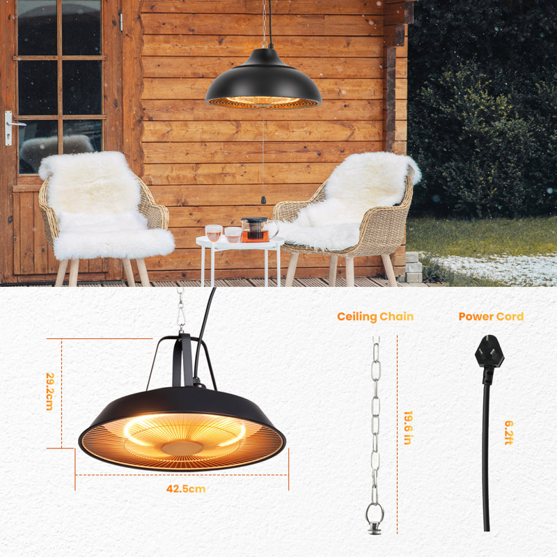 Chauffe-terrasse électrique suspendu 1500W avec protection contre la surchauffe et la protection contre le basculement Ip55, noir, sans cordon de traction