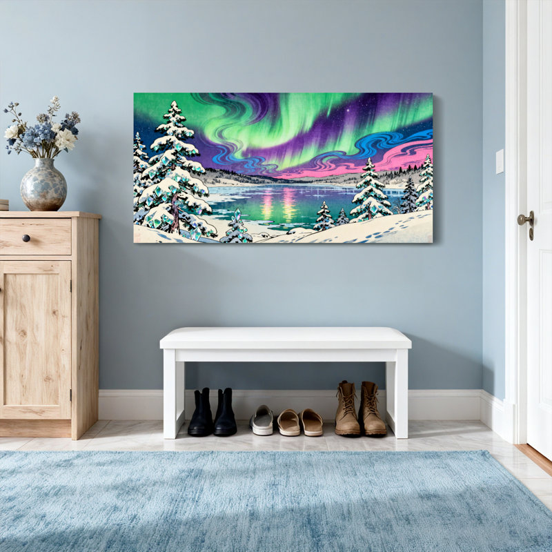 Paysage, nature, aurores boréales, paysage d'hiver, neige, arbres, aurore, ciel, réflexion, eau, H 20 po x l 40 po
