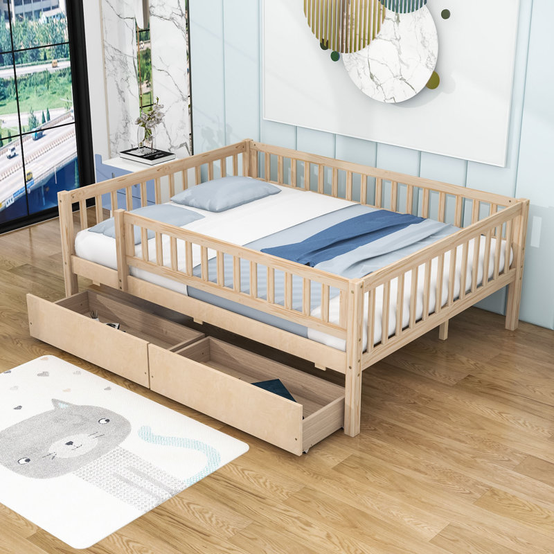 Lit en bois avec deux tiroirs, Double, Naturel