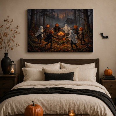 Têtes de citrouilles et fantômes dansant autour d'un baril - Toile murale d'Halloween