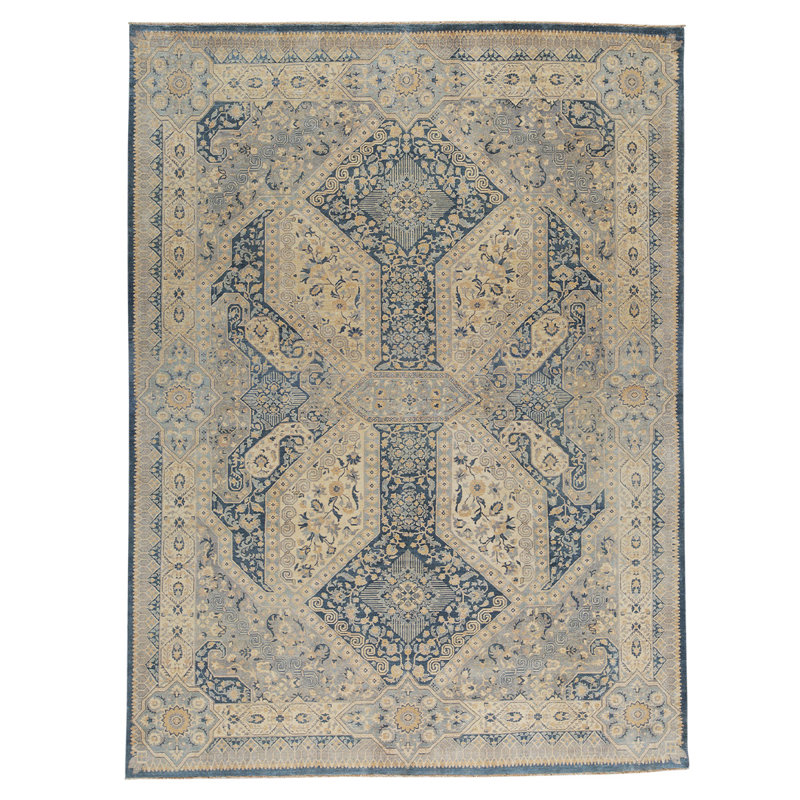 Tapis unique noué à la main bleu / beige de haute qualité