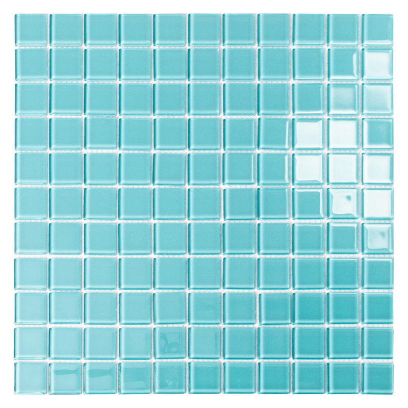 1" x 1" Polished Glass Mosaic Tile, Aqua