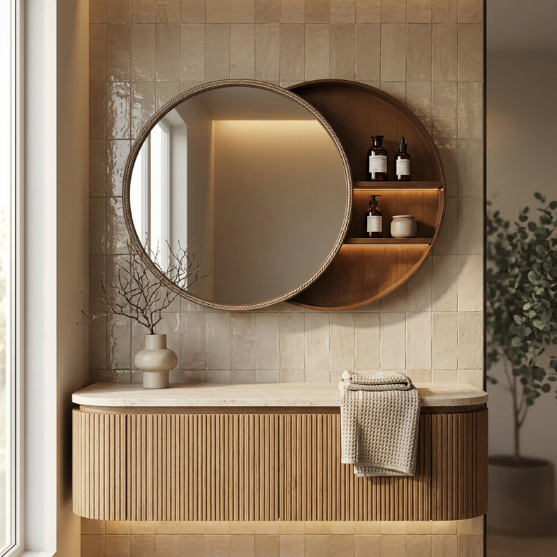 Miroir mural coulissant rond avec tablettes de rangement cachées et armoire latérale à deux niveaux pour le meuble-lavabo, la chambre à coucher et le vestibule