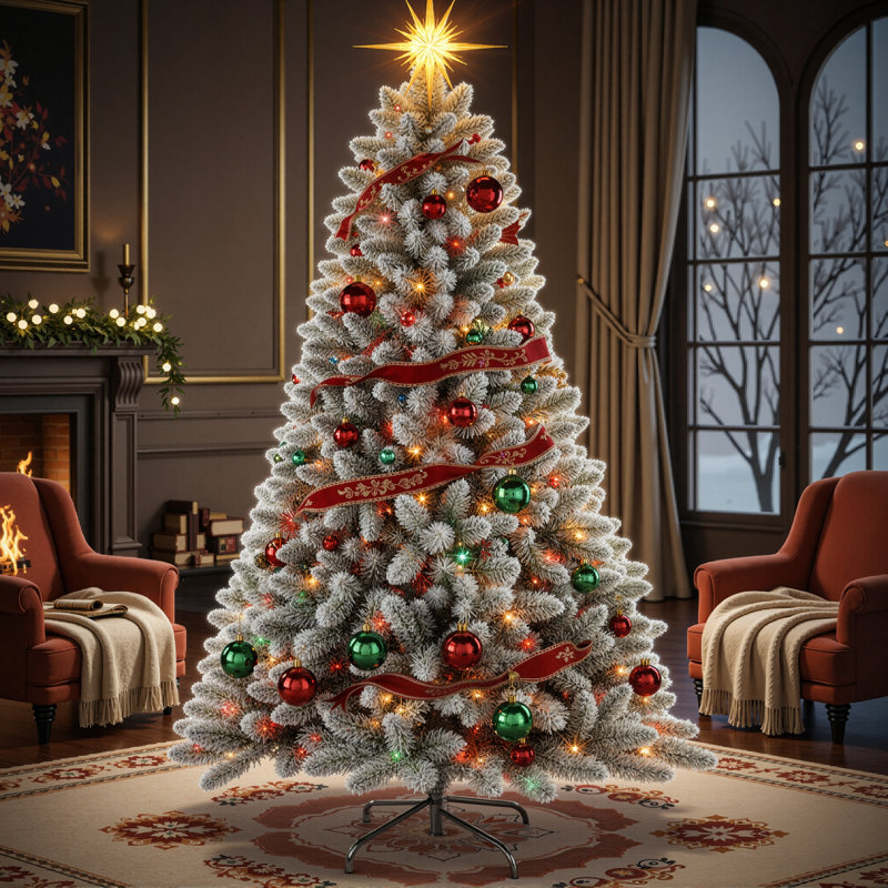 Arbre de Noël artificiel enneigé 6 pi avec 6 lumières à DEL changeantes blanc chaud et couleur 6 pi 6 pi, Multicolore