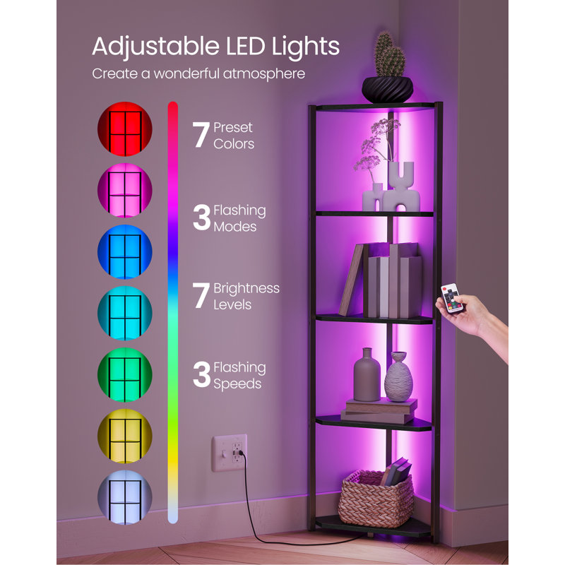 5-Tier Corner Bookcase with LED Lights