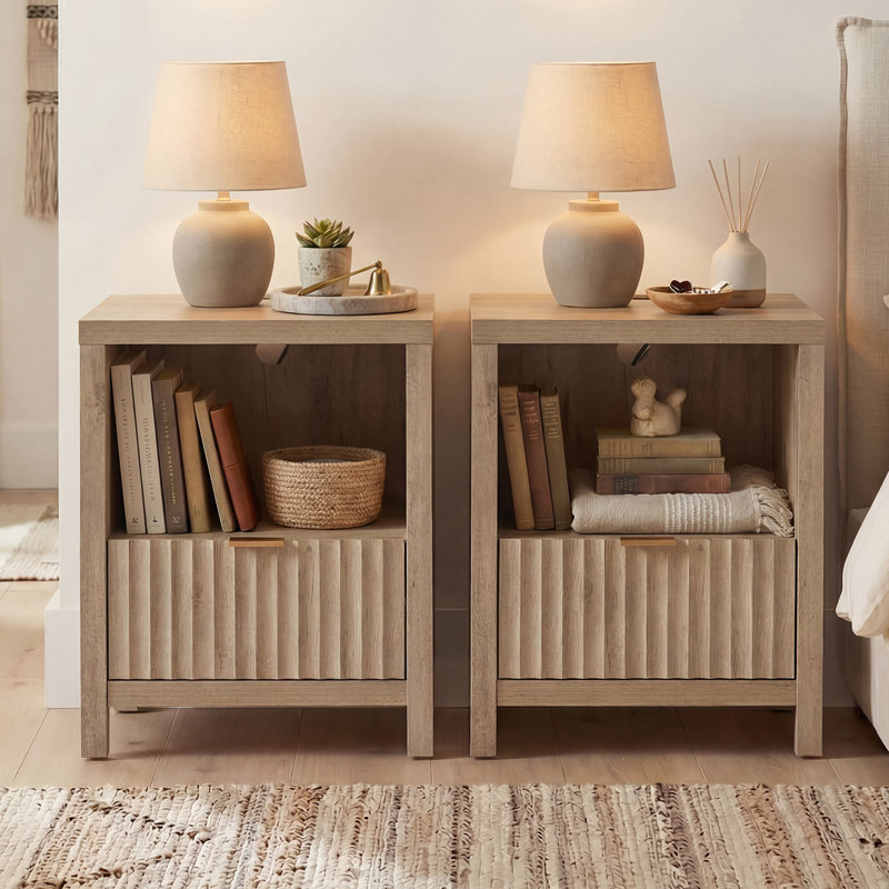 Arrilla 25'' Tall 1- Drawer Nightstand（Set Of 2）, Greige Oak
