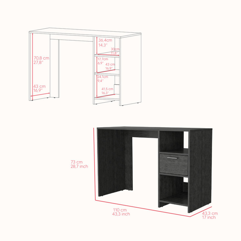 Bureau d'ordinateur Odessa avec tiroir simple et armoires de rangement ouvertes, finition wengé noir, Chêne fumé