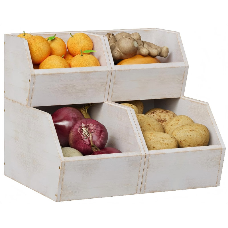 Ensemble de 2 paniers de rangement en bambou pour garde-manger et paniers empilables en bois, Blanc antique