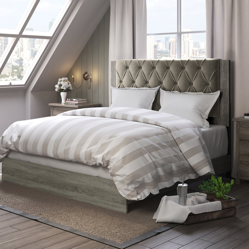 ClickDecor Kenton Panel Bed Frame with Diamond Tufted Upholstered Headboard, Gray, King