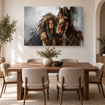 Native American Woman and Horse Canvas Wall Art – Western Print