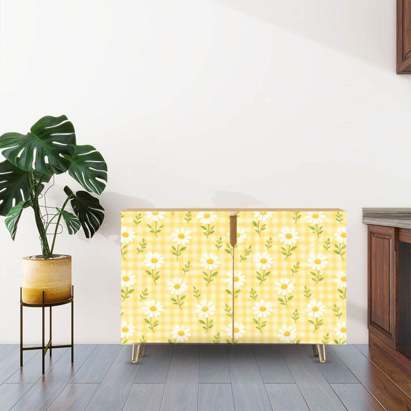 Buffet Buffet avec rangement marguerite blanche florale jaune Mignon printemps botanique transparente avec 2 portes pour le salon et la cuisine