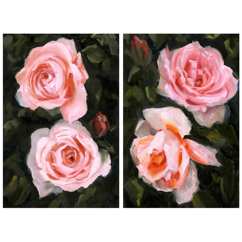 Ethereal Roses Pink and Green Tempered Glass Wall Art Set