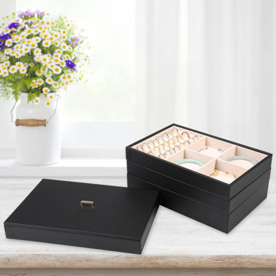 Stackable Jewellery Organizer Tray With Lid, PU Leather Jewellery Storage Holder For Drawer Inserts, Jewellery Display Box, Set Of 4, Black