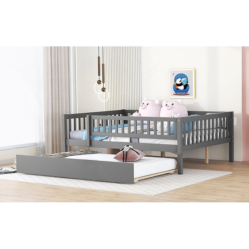Wood Daybed With Trundle And Fence Guardrails, Gray, Full/Double