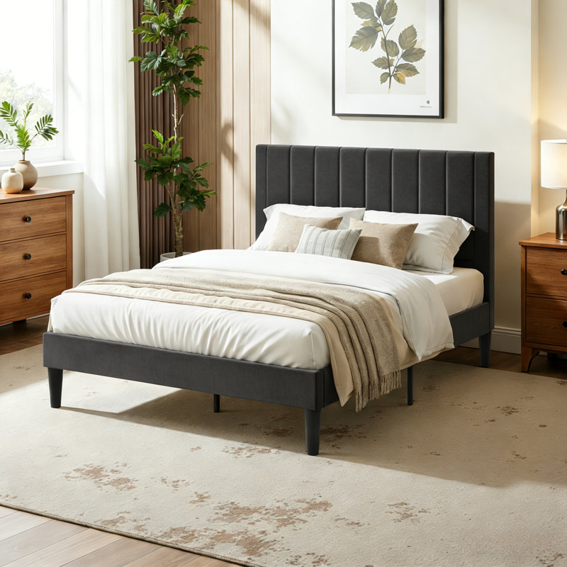 Modern Upholstered Platform Bed With Seamless Headboard, No Box Spring Needed, Full Size, Queen Size, King Size, Black, Full