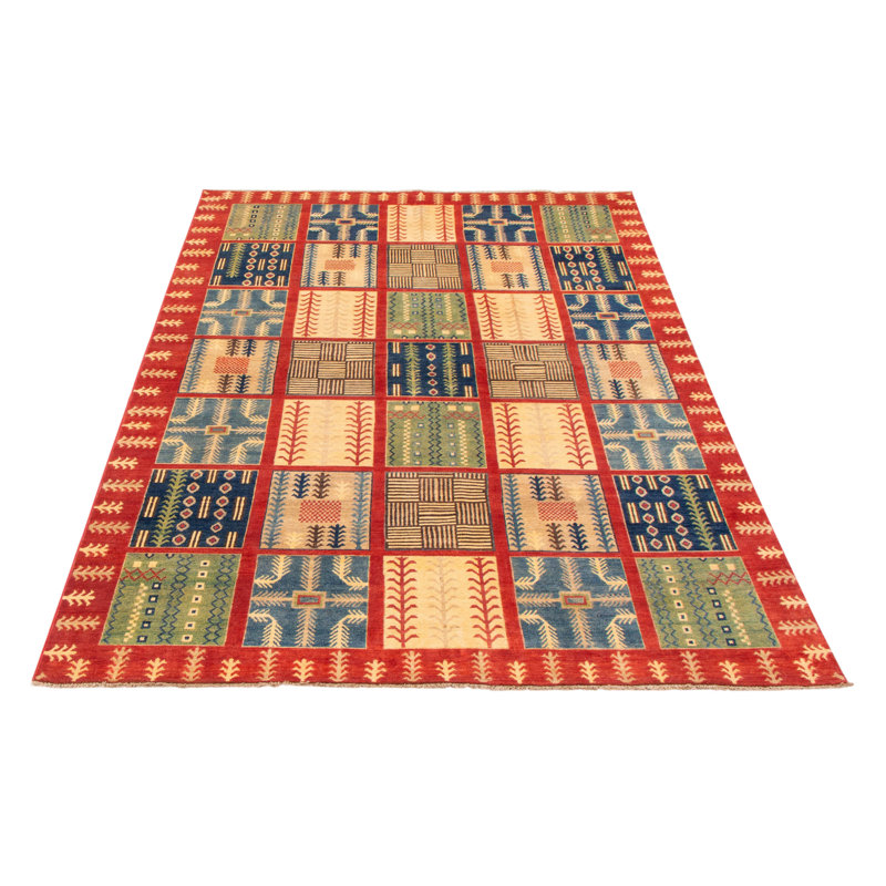 Tapis orange / bleu / vert noué à la main de conception unique 6 pi 6 po x 9 pi 8 po Anngela