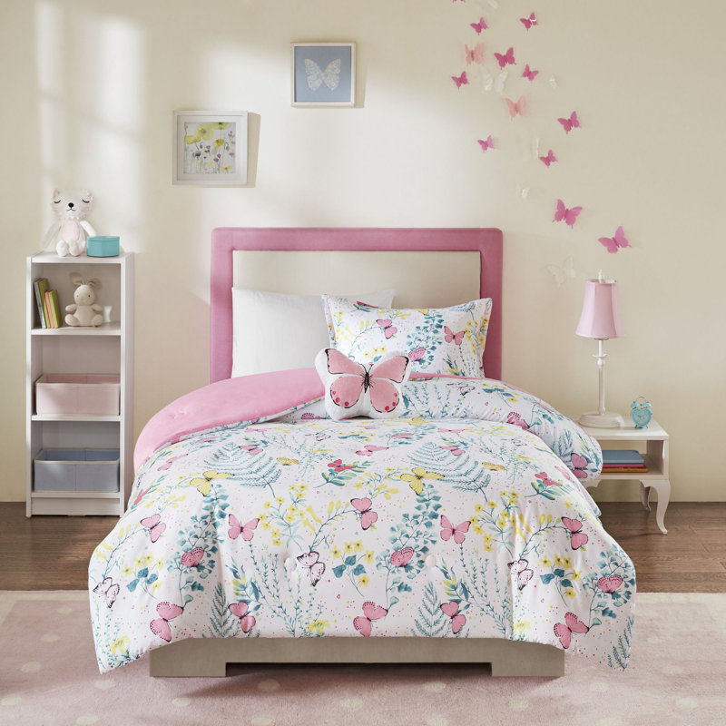 Twin Pink Microfiber Butterfly Comforter Set with Decorative Pillow