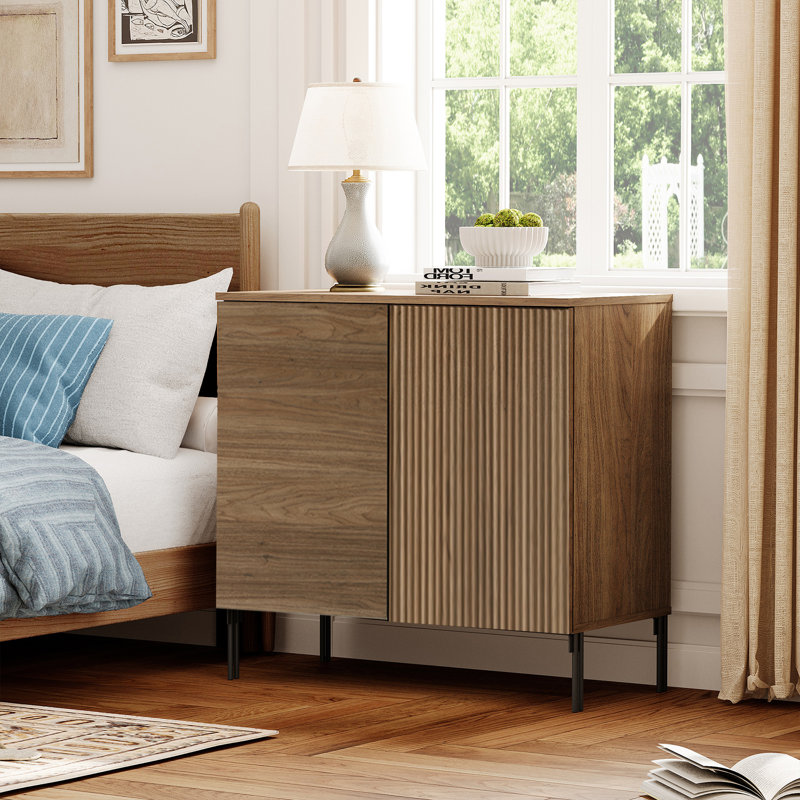 Union Rustic Modern Minimalist Wood Nightstand With Doors ,31.5" Large End Table,Reeded Design Bedside Table For Bedroom, Living Room,Entryway