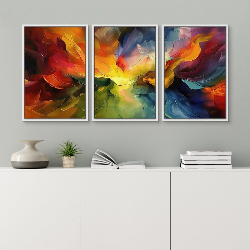 "Colorful Abstract Pastel Strokes Bright", ensemble de 3 reproductions d'art sur toiles plates encadrées