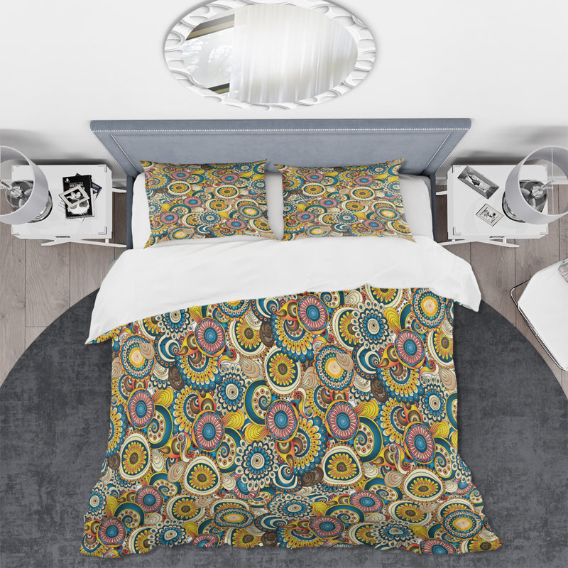 Retro Brown and Blue Flowers VI - Ensemble de housse de couette moderne - Microfibre de polyester
