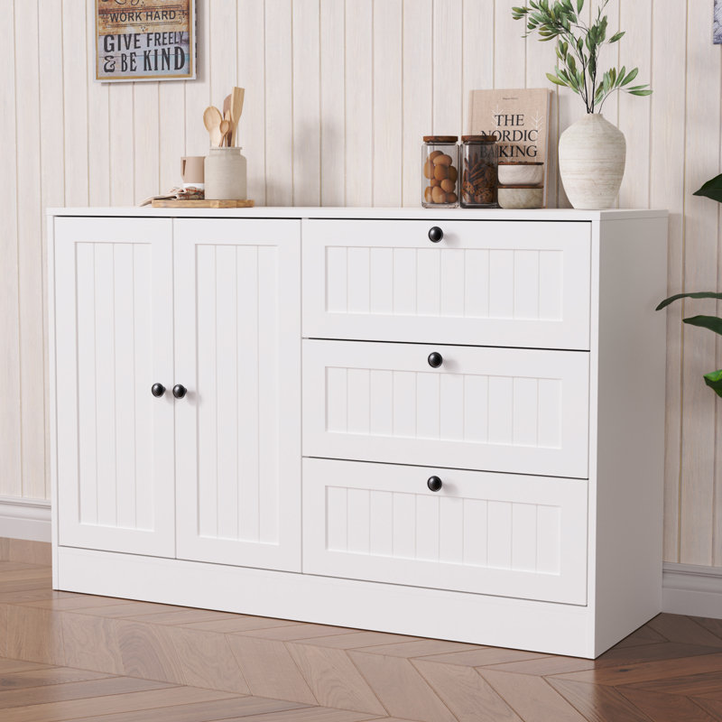 Sideboard Buffet Cabinet With Storage, 47" Large Farmhouse Kitchen Cabinet With 3 Drawers And Doors, Modern Accent Coffee Bar Wood Table For Living Room Dining Room, White
