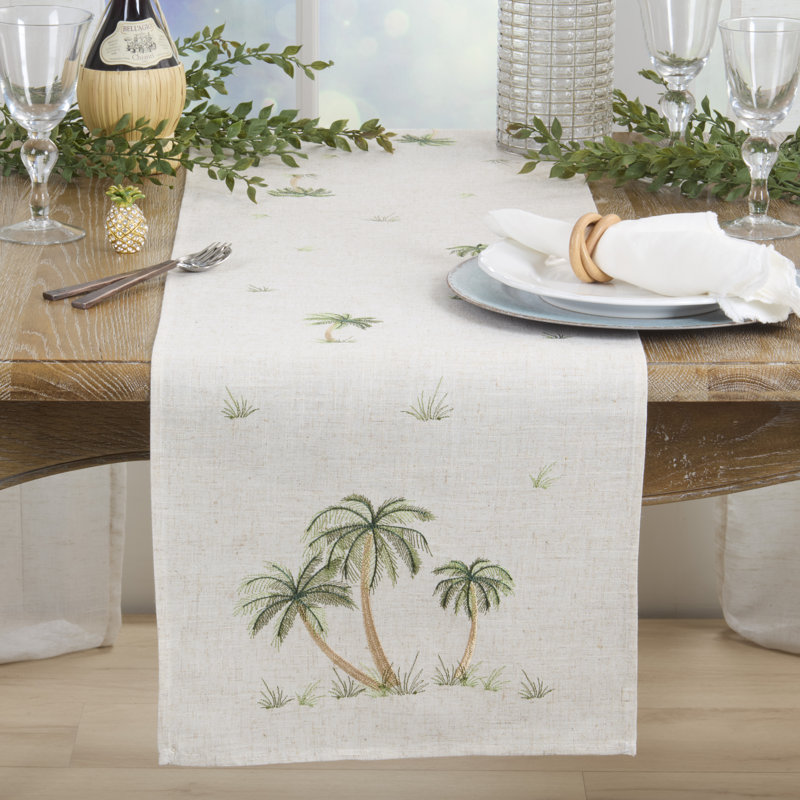 Chemin de table en mélange de lin Palm Paradise - Chemin de table tropical, Naturel
