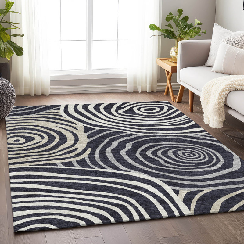 Premium Machine Washable Prisco Black Rug, Rectangle 5' x 7'6"