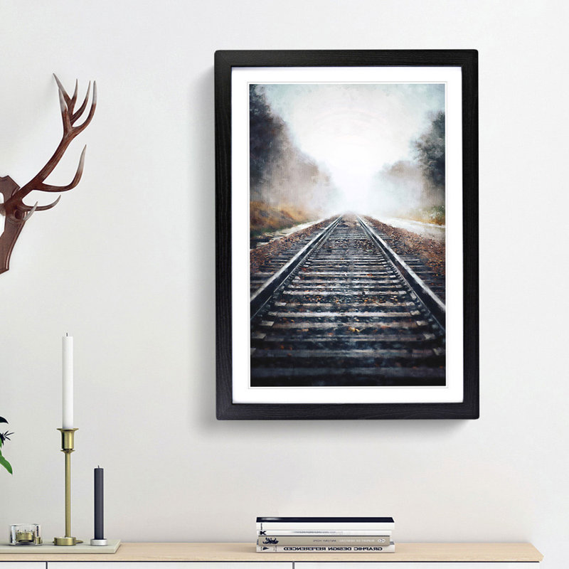 Train Tracks in the Mist - Picture Frame Painting Print, 87cm H x 62cm W x 2cm D, Black Framed