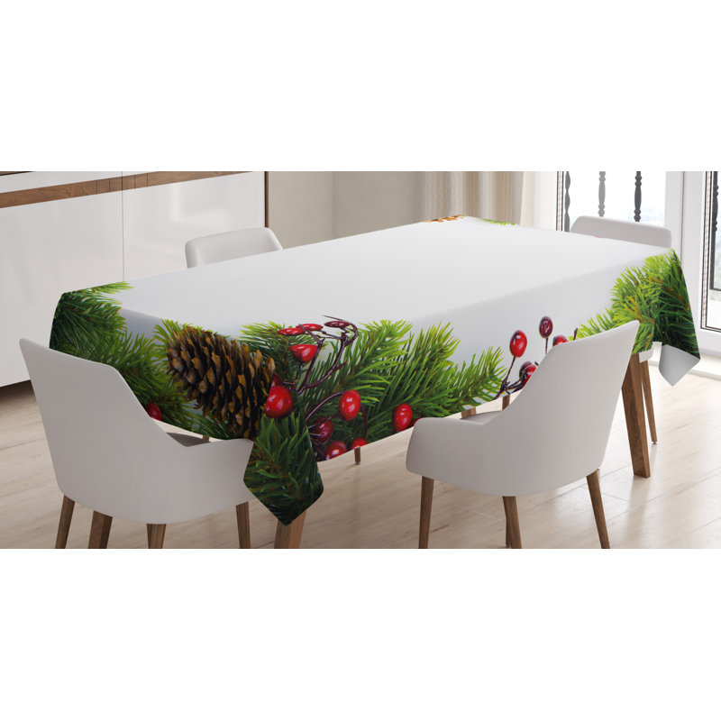 Xmas Frame with Holly Berry Pine Cone Natural Wreath Composition Tablecloth, 84" x 60"