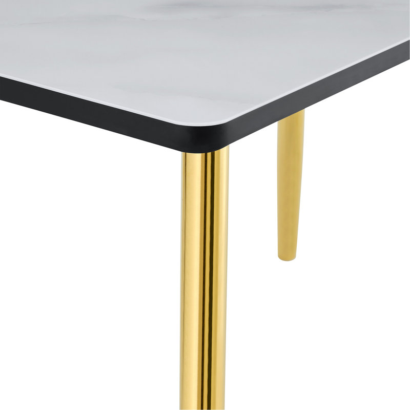 Modern Minimalist Rectangular Dining Table, Suitable For 4-6 People. Tempered Glass Countertop+Lower MDF Board, Imitation Marble Texture, Gold Metal Tapered Legs. Suitable For Minimalist Restaurants.