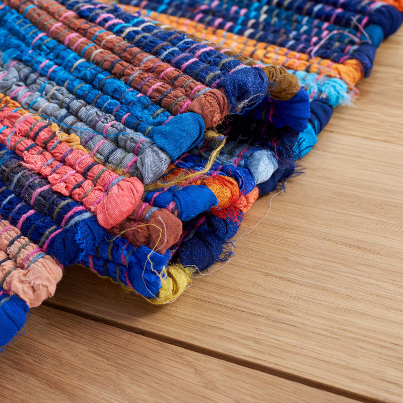 Fales Rag Rug Hand Woven Cotton Striped Rug, Square 6'