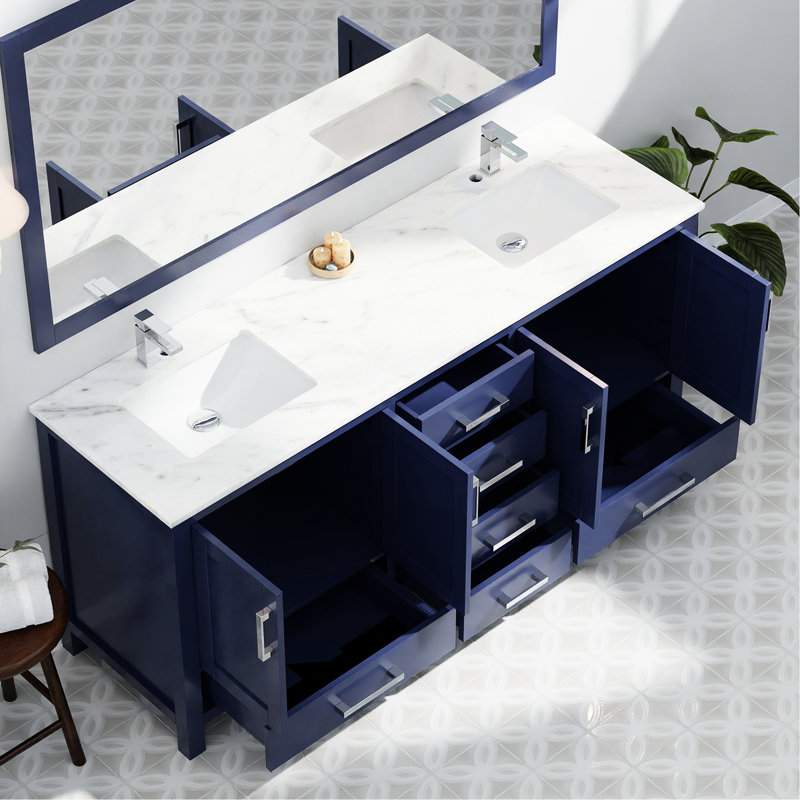 Meuble-lavabo double bleu marine avec comptoir en marbre 70 po L 32 po x H 32 po - matériau en bois, 72 22 P, 22 comptoirs, deux tiroirs pour un rangement organisé