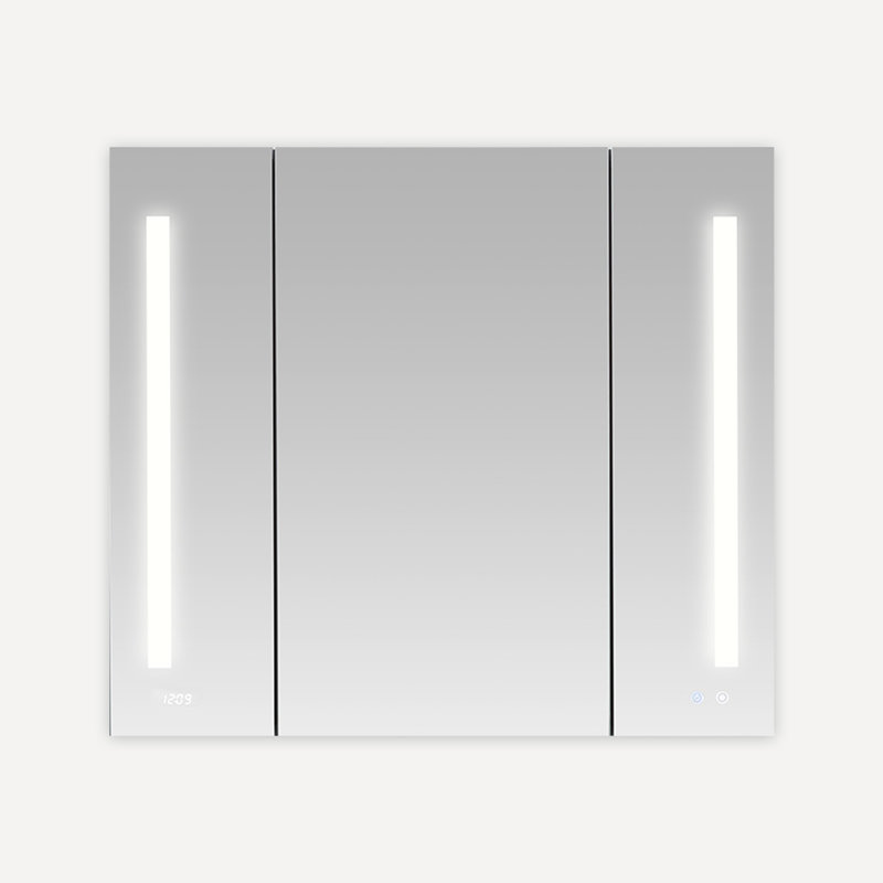 Armoire à pharmacie avec désembueur à DEL AQUADOM Signature Royale l 36 po x H 36 po x P 5 po, prises électriques, horloge numérique, gradateur, miroir grossissant 3X à DEL réglable