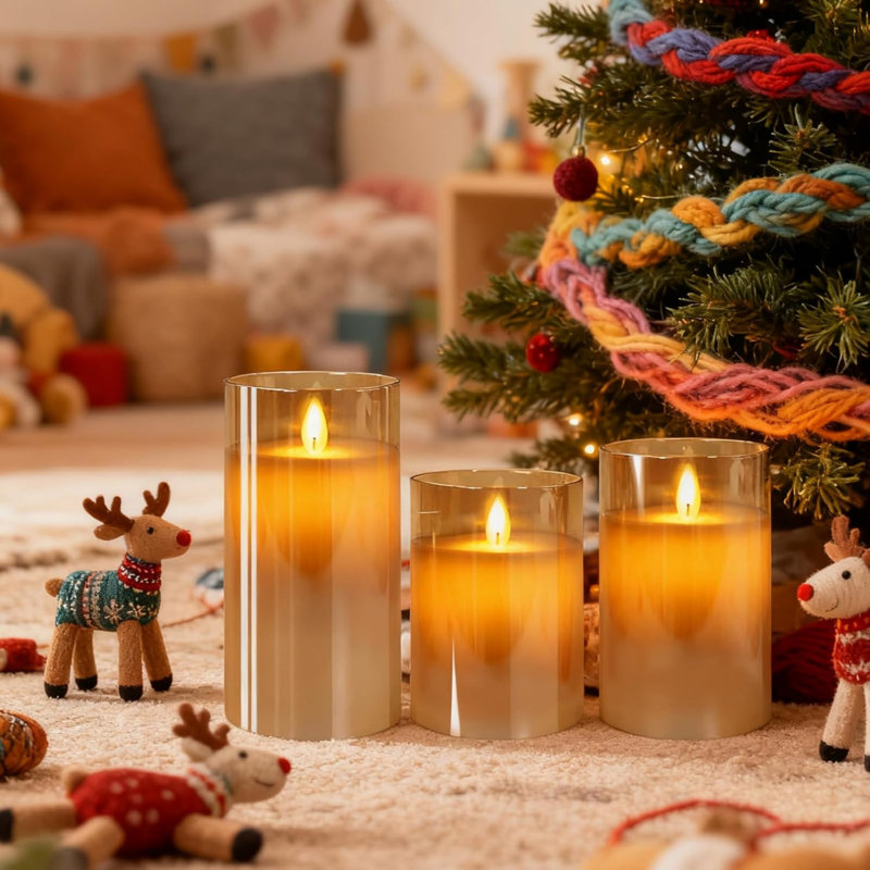 Led Flameless Candles, Battery Operated Flickering Candles Pillar Real Wax Moving Flame Electric Candle Sets Gold Glass Effect with Remote Timer, 4 in, 5 in, 6 in (Brown)