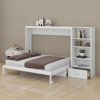 Grand lit escamotable polyvalent avec compartiments de rangement à hauteur réglable et tablette, 1 lit plateforme pliable pour chambre d'amis de petite taille
