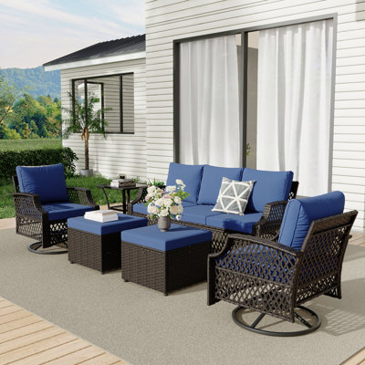 6 Piece Patio Furniture Set, Wicker Outdoor Conversation Sofa Set With Swivel Chairs, 2 Ottomans, Storage Coffee Table
