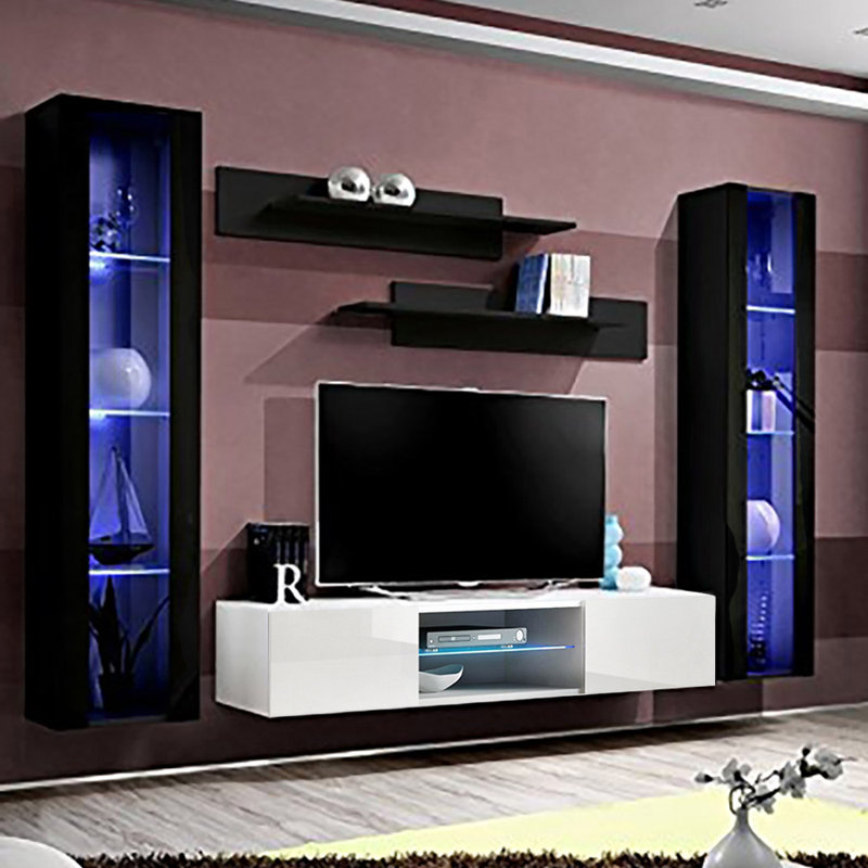 Floating 100" Modern Entertainment Centre with 16-Colour LED Lighting, High Gloss Finish, Black/White