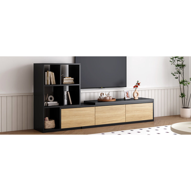 Meuble télé avec tiroirs de rangement supplémentaires, bibliothèque à 3 niveaux pour le salon, téléviseur jusqu'à 110 po, console de divertissement extensible noire avec fentes et organisateurs, espace réglable jusqu'à 110 po,