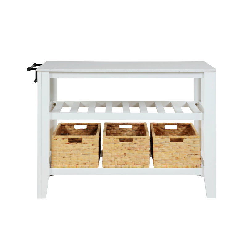 White Wood Kitchen Island with Marble Top and Baskets
