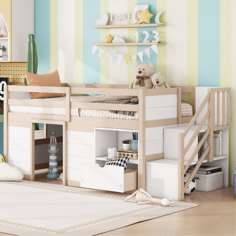SOLID WOOD TWIN SIZE LOW LOFT BED WITH STAIR, DRAWER, AND SHELF FOR CREAM + WHITE COLOR
