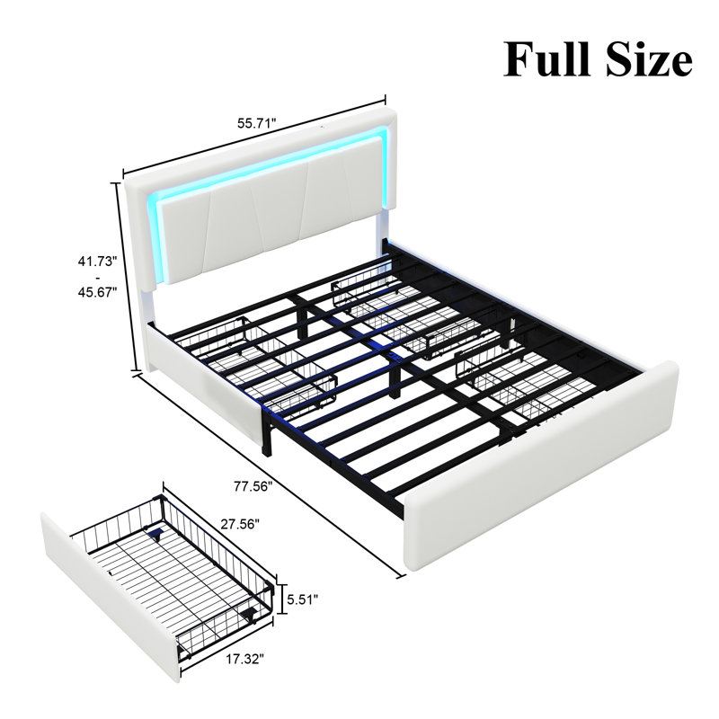 Upholstered Platform Bed with 4 Large Storage Drawers, RGB LED lights, Charging Station, Adjustable Headboard, Easy Assembly
