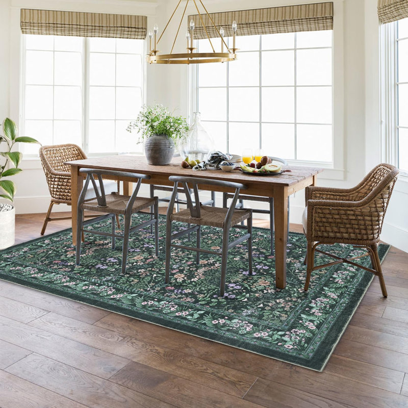 Washable Folding Floral Print Area Rug with Non - Slip Backing,5 * 7ft, Black, Rectangle 5' x 7'