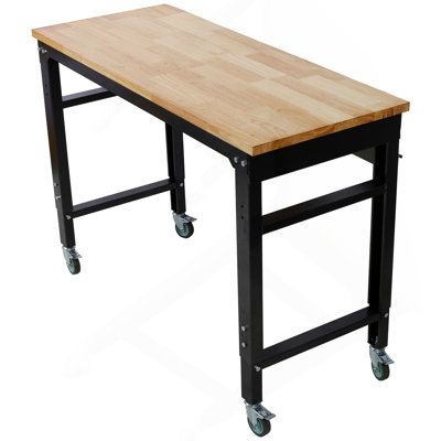 Workbench - 48" Wide Rolling Workbenches For Garage - Adjustable Height, Workshop Tool Bench, Metal With Rubber Wood Top ,Black Hammertone Leg