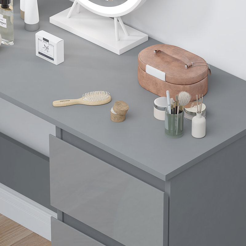 Warren 3 Drawer Dressing Table Study Desk - Modern No-Handle Design, Grey Gloss