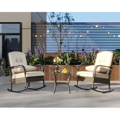 Hand-Woven Rattan Rocking Chair – Ergonomic Outdoor Wicker Armchair with Thick Beige Cushion, High-Back All-Weather PE Wicker, Rust-Resistant Steel Frame,Brown Rattan+Beige Cushion+ Single Handle Set