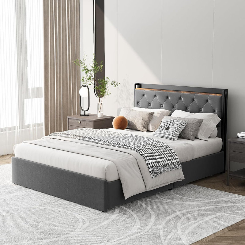 Structure de lit double en velours avec tête de lit USB, 4 tiroirs, lattes en bois, sans bruit, Lit double