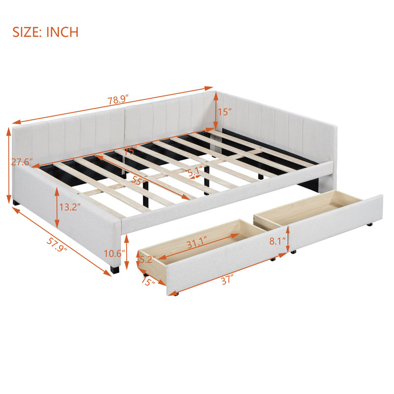Upholstered Daybed With 2 Storage Drawers Sofa Bed Frame No Box Spring Needed, Beige